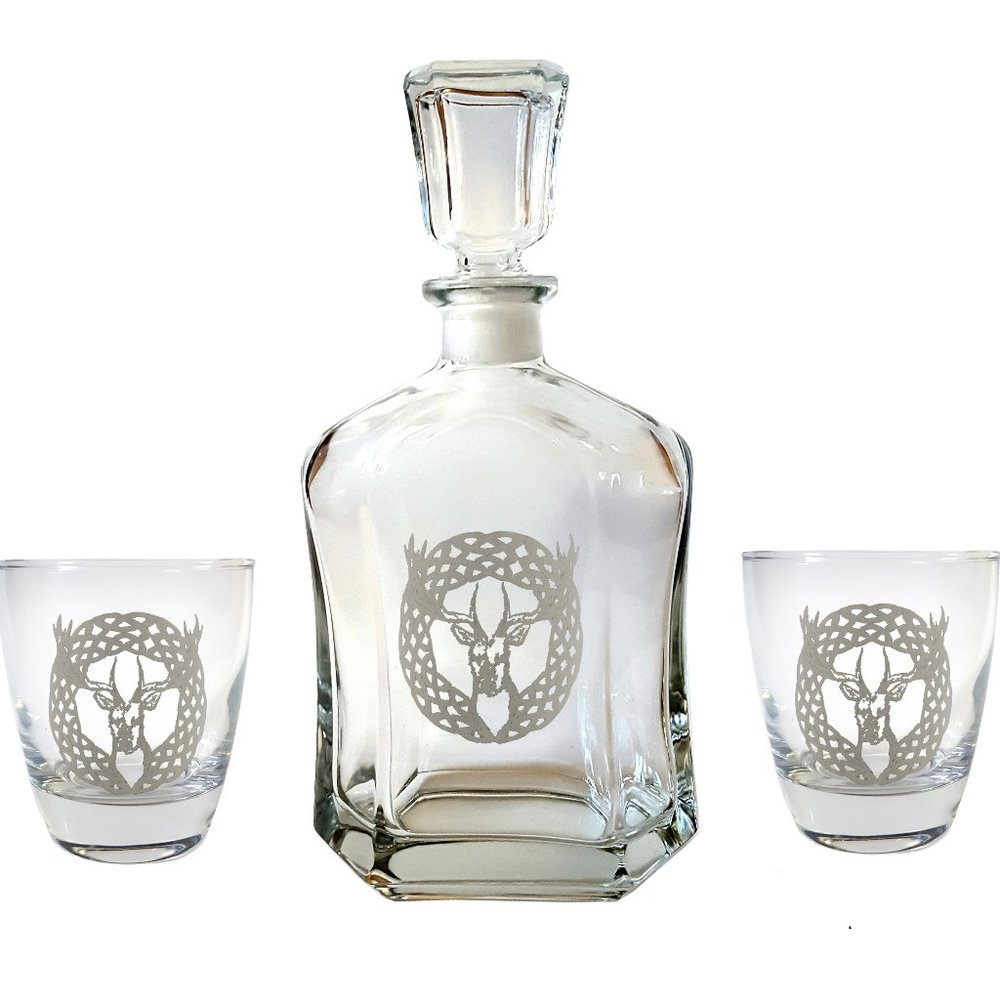 Celtic Stag Glass Decanter & Rocks Glass Set